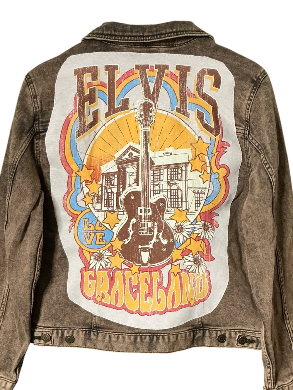 Elvis Graceland Upcycled Graphic T Shirt Jean Denim Jacket Band Festival - Picture 1 of 11